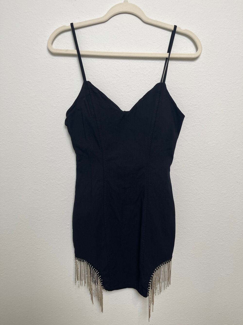 Haute Monde Black Rhinestone Fringe Bodycon Mini Dress Size Large